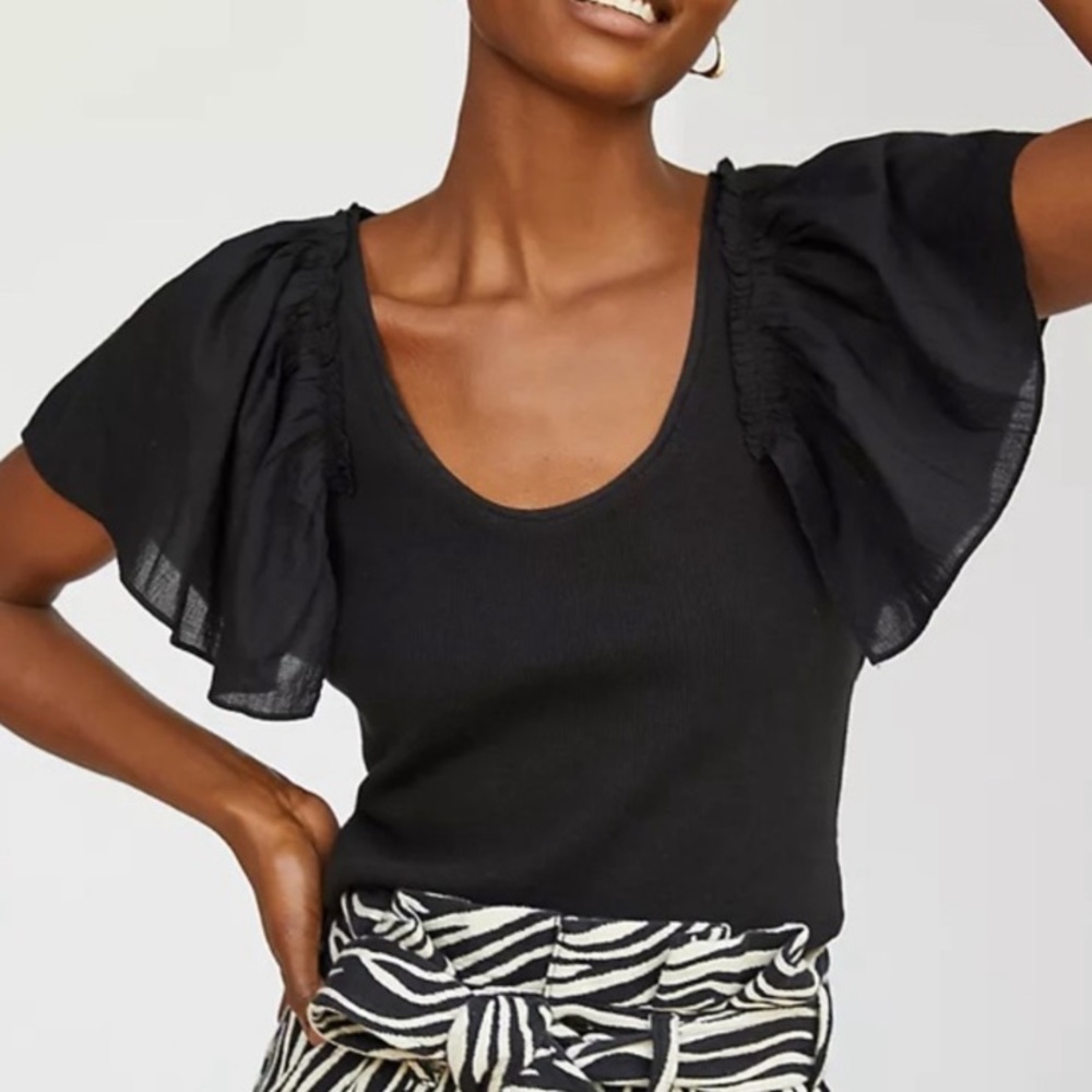 ANTHROPOLOGIE MAEVE FLUTTER SLEEVE TOP BLACK MEXIUM